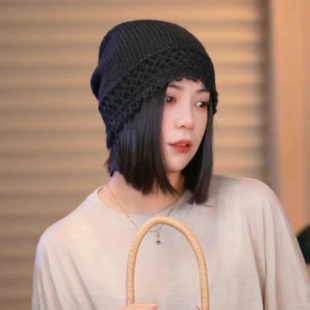 韩系手工编织堆堆帽子女秋冬季新款百搭显脸小套头帽针织镂空冷帽