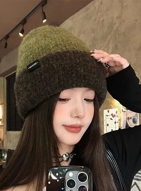 双色针织堆堆帽子女秋冬季大头围保暖毛线帽护耳包头冷帽显脸小潮