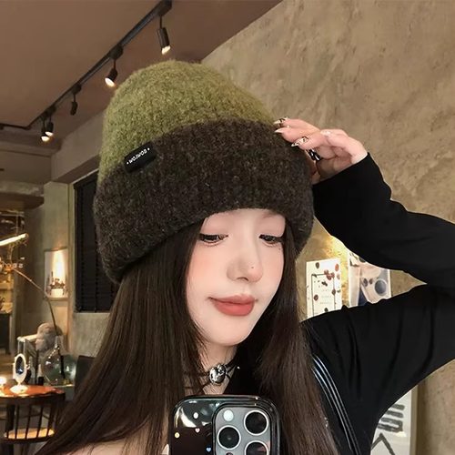双色针织堆堆帽女秋冬保暖毛线帽