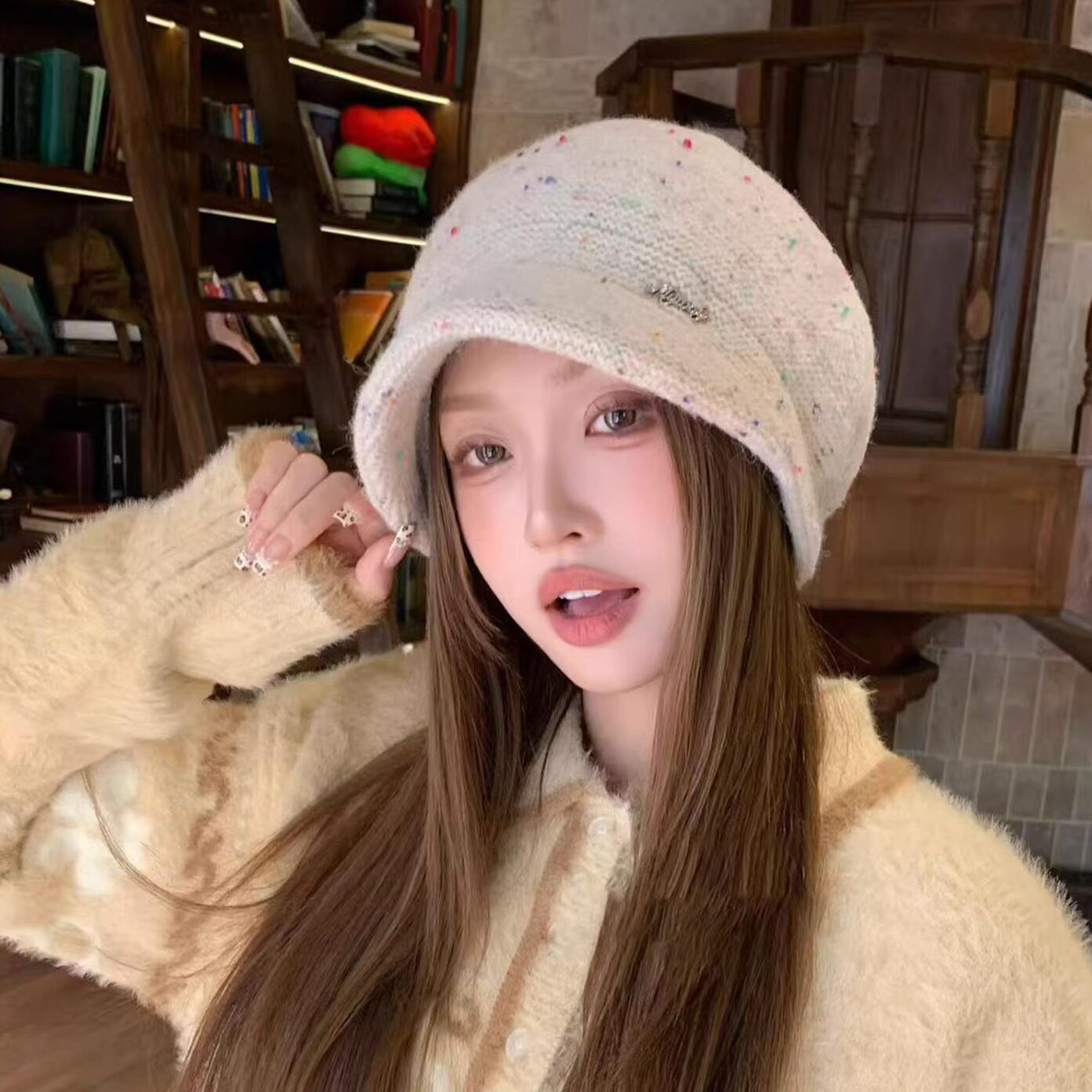 韩系毛线针织帽女秋冬双层保暖帽