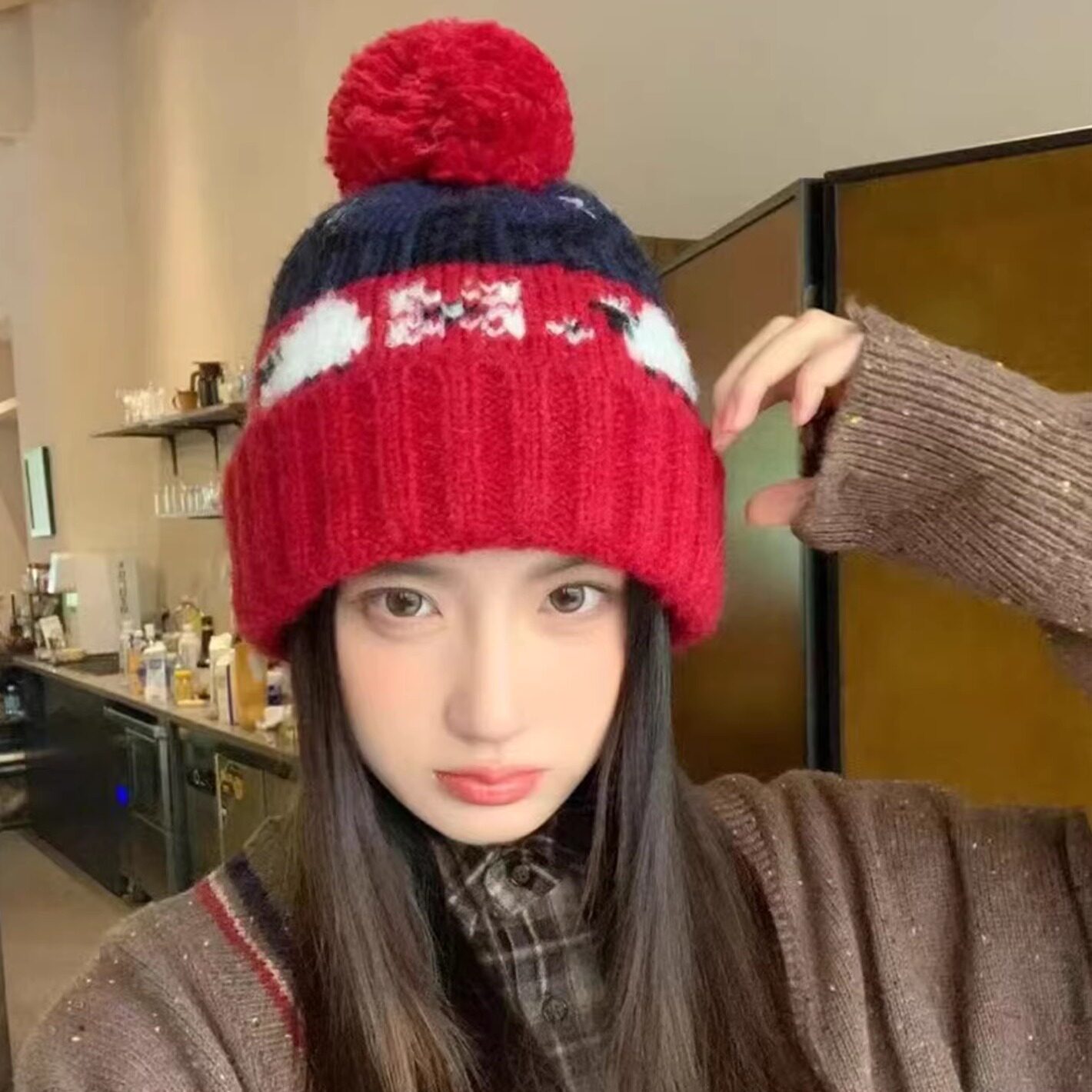 费尔岛毛球提花滑雪针织冷帽女冬