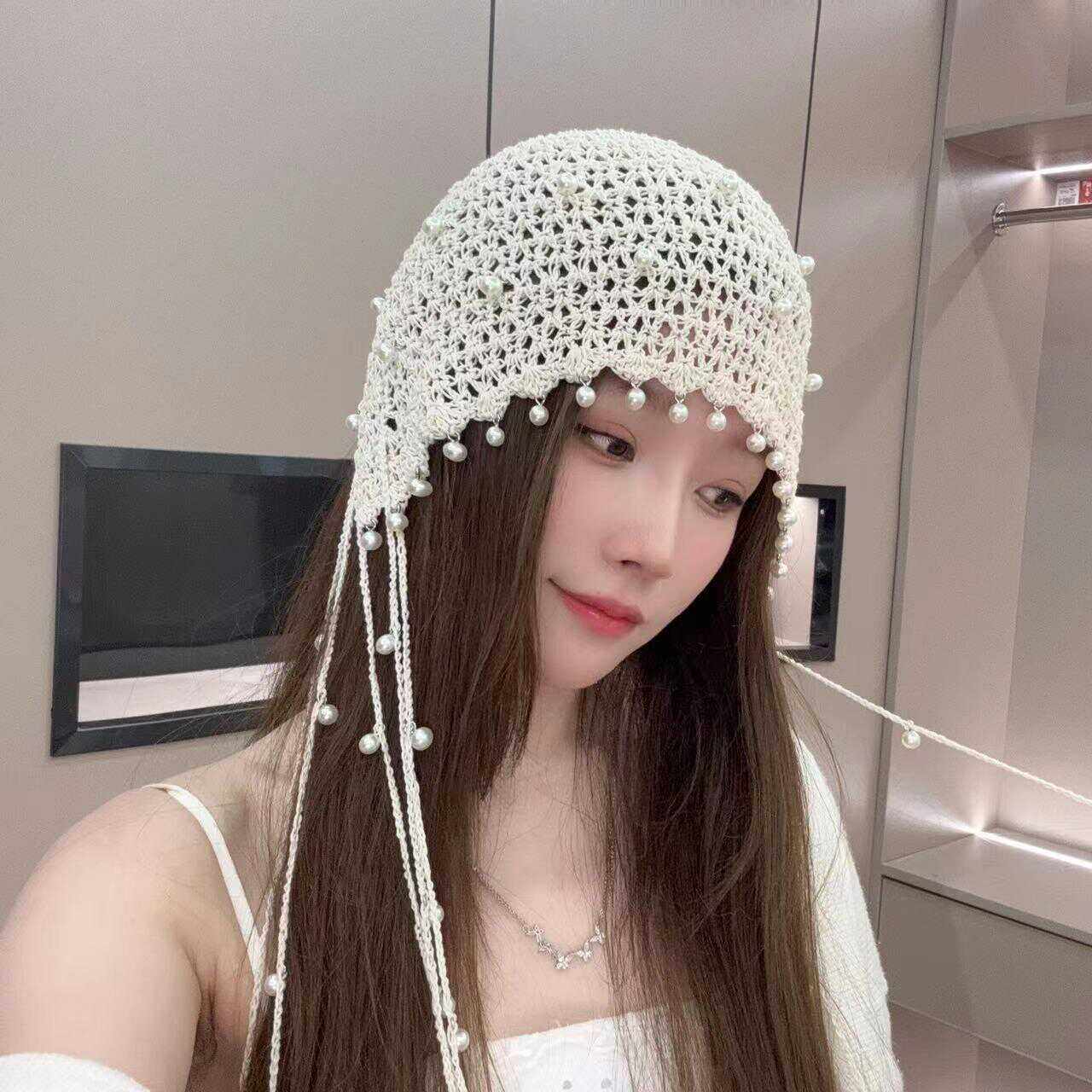 镂空珍珠吊坠手工包头帽子女名族风针织套头帽复古大头围堆堆帽潮