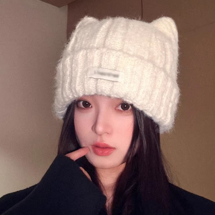 韩系猫耳朵柔软针织帽大头围冷帽