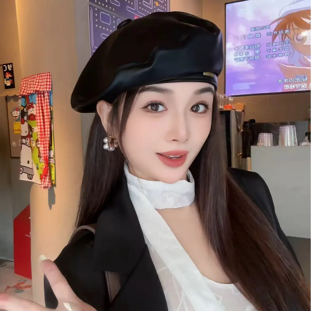 韩版哑光皮质贝雷帽女洋气显脸小