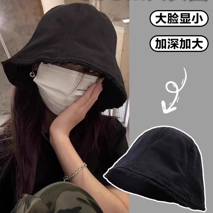 2025新款水洗做旧毛边水桶帽大头围渔夫帽子素颜大码遮脸防晒盆帽