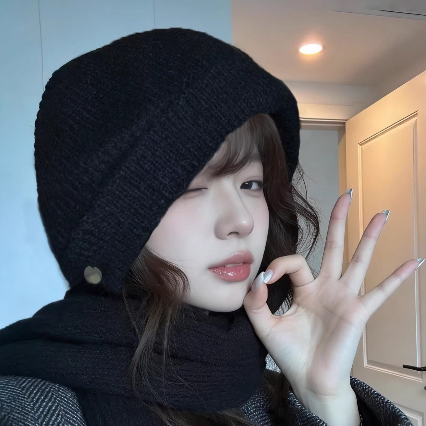 巴拉克拉法纯色针织帽围巾一体女