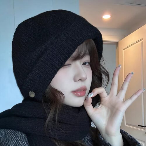 巴拉克拉法纯色针织帽围巾一体女