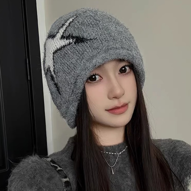 韩系星星卷边堆堆帽子女秋冬季氛围感保暖护耳毛线冷帽气质显脸小
