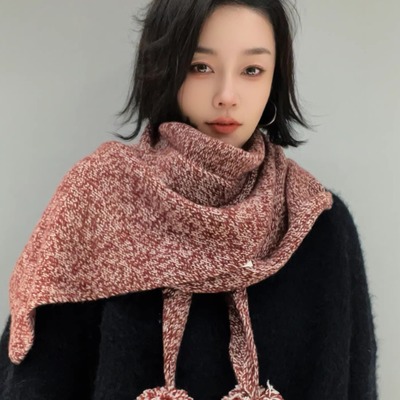 复古羊毛混纺针织三角围巾女保暖