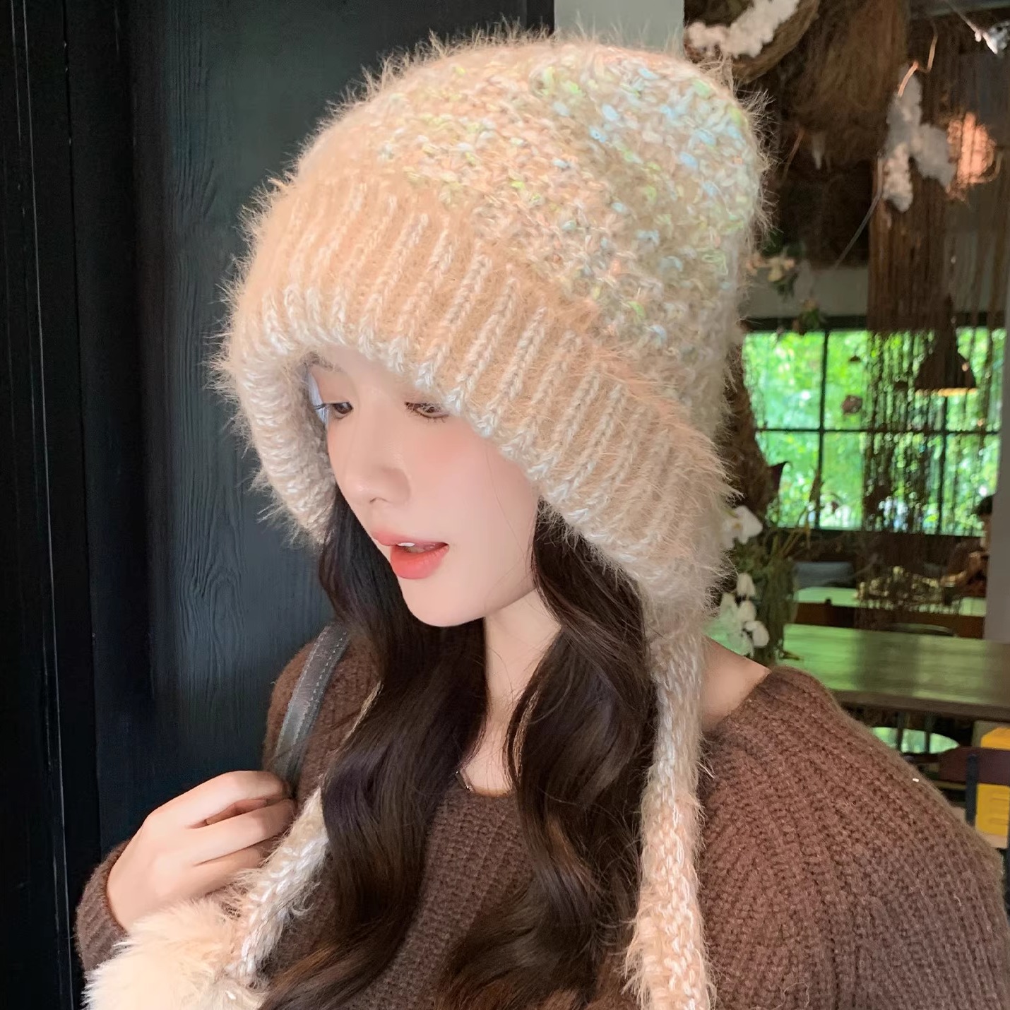 日系可爱猫耳混色毛绒针织帽保暖