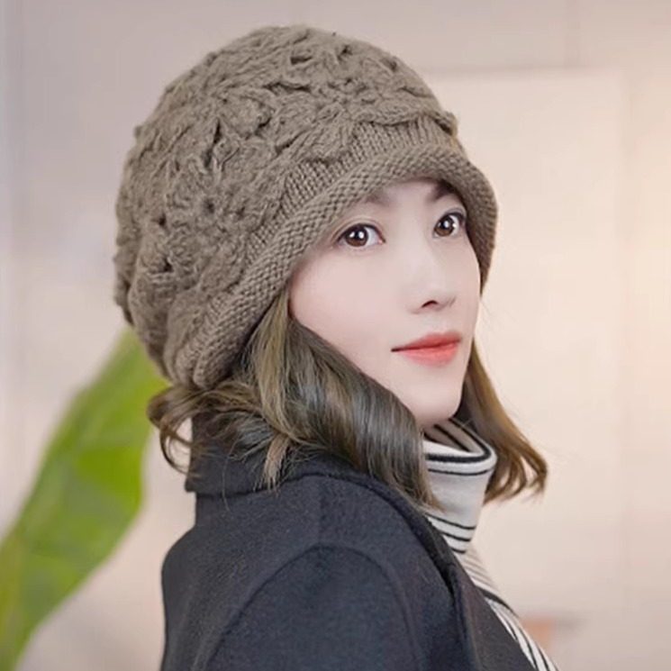 手工钩花朵针织包头帽女冬保暖帽