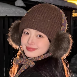 韩系复古毛绒针织帽子女秋冬季保暖耳罩一体毛线帽骑行护耳包头帽