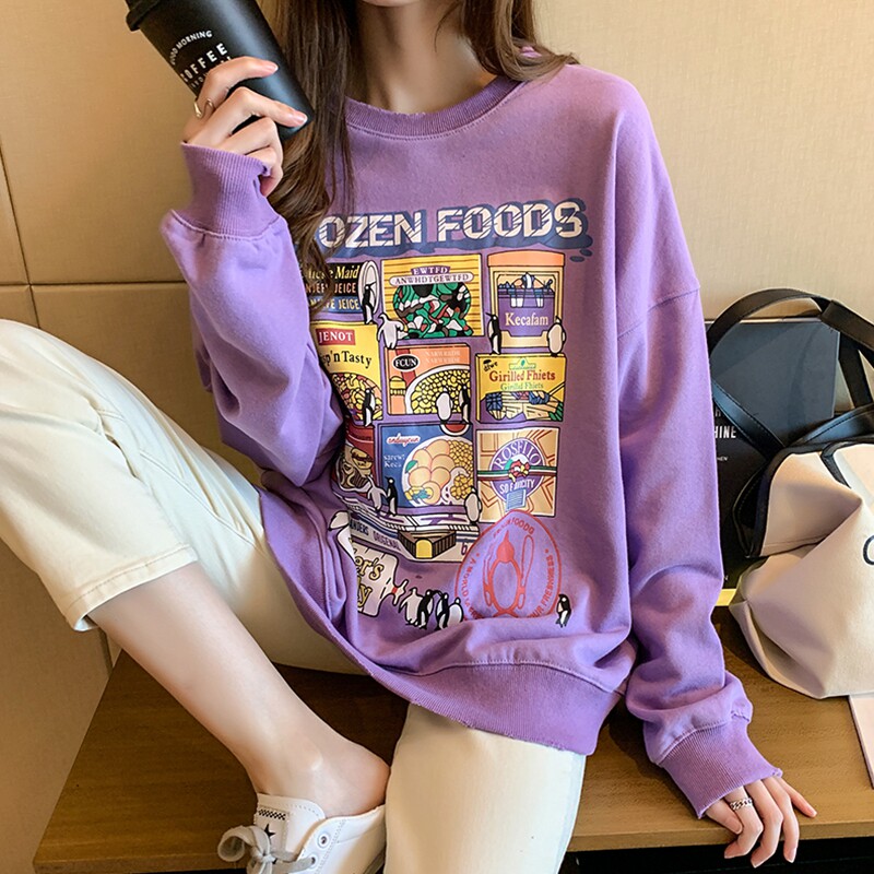 秋季大码女装卡通韩版薄款圆领印花卫衣女宽松新款cec超火上衣潮
