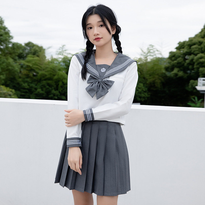 工厂包售后刺绣灰三本水手服jk制服校供感套装百褶裙正版日系图片