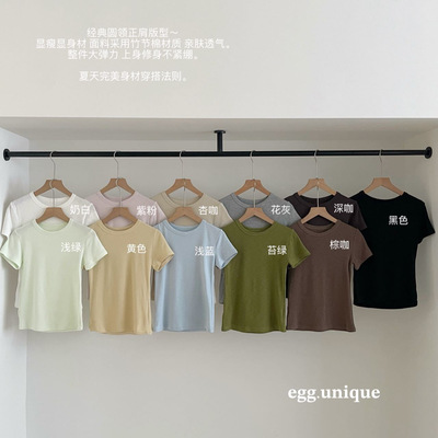 egg.unique竹节棉正肩圆领修身短袖高弹无束缚百搭可盐可甜简约T