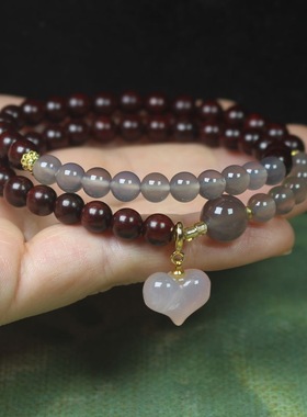 赞比亚紫檀血檀0.6玛瑙爱心佛珠手链女款灰玛瑙文玩饰品念珠手串