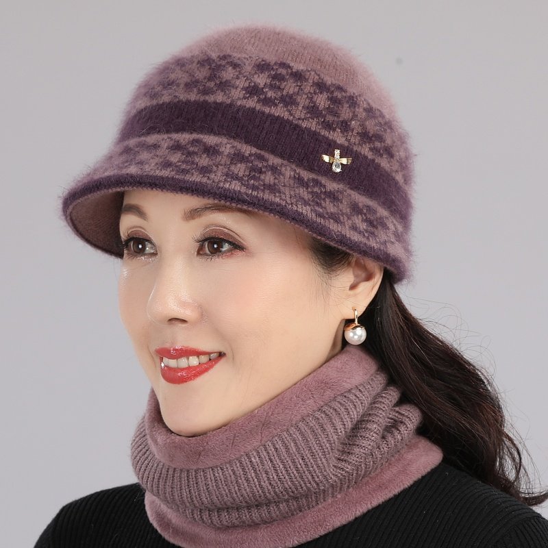 中老年人兔毛帽子女冬季妈妈盆帽时尚保暖渔夫帽老太太针织毛线帽
