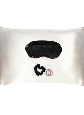 SLIP黑色桑蚕真丝眼罩+白色枕套女王款+发圈礼盒套装亲肤抗皱护发