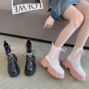 白色厚底马丁靴女2022年新款系带短靴时尚百搭增高长筒靴子女