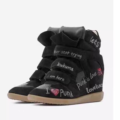 X luoluoroom联名限量款真皮涂鸦高帮鞋女坡跟增高短靴厚底德训鞋