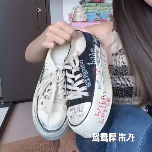 宁艺卓同款脏脏手工涂鸦厚底增高女鞋帆布鞋运动百搭休闲板鞋