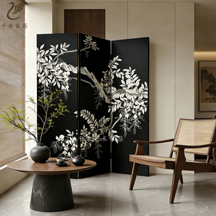 千希宋代美学屏风隔断客厅酒店民宿软装中古风写意紫藤花漆画屏风