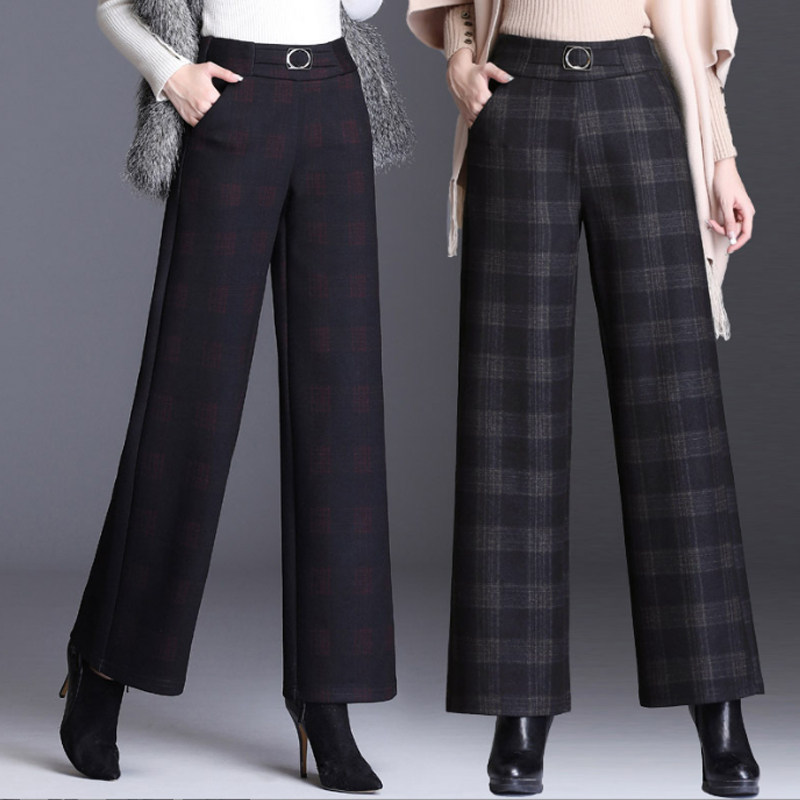 秋冬格子毛呢阔腿裤女胖mm宽松高腰大码显瘦九分加厚妈妈直筒裤子