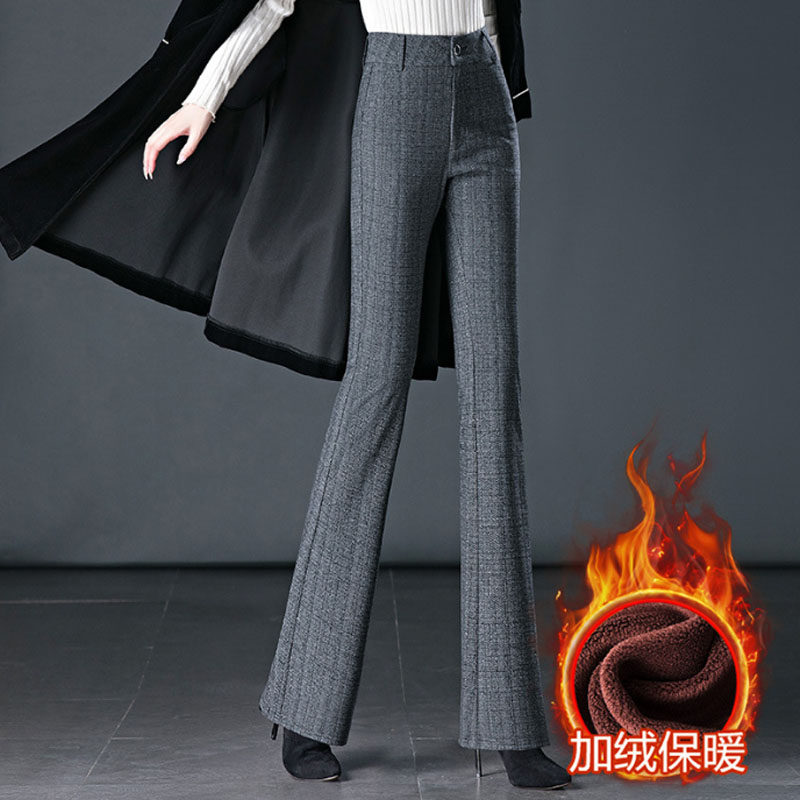格子微喇裤女2025新款女裤女士妈妈加绒加厚喇叭裤西装裤秋冬裤子