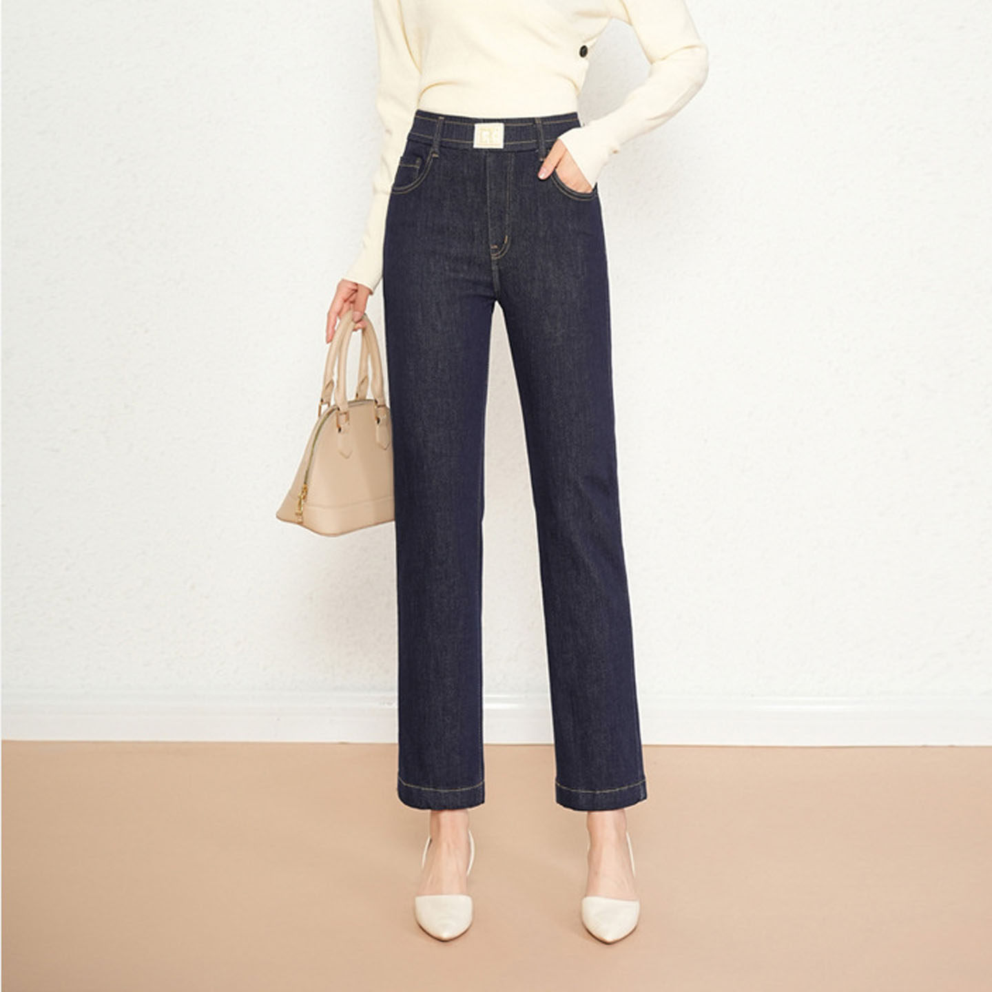 九分牛仔裤女松紧腰春秋款中年妈妈直筒小个子高腰宽松弹力八分裤
