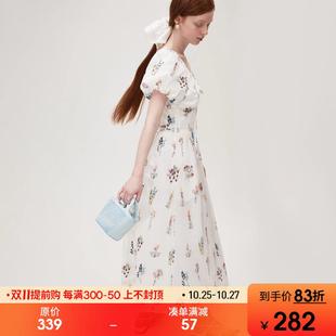 范洛绣花连衣裙女2024夏季 系带重工碎花收腰仙女裙 花苞袖 v领法式