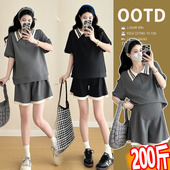 孕妇套装 上衣托腹短裤 夏季 撞色Polo领短袖 两件套200斤潮 新款 大码