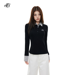 上衣 FISSXS 修身 显瘦翻领刺绣POLO衫 女拼接撞色打底长袖