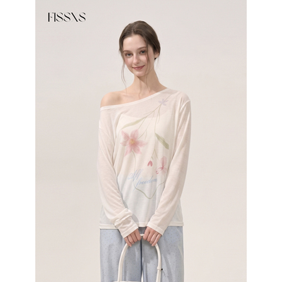 FISSXS 夏季轻薄防晒印花罩衫长袖休闲宽松慵懒风斜肩T恤上衣女