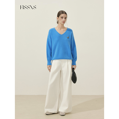 FISSXS秋冬基础蓝色V领百搭简约logo宽松慵懒风毛衣针织上衣女