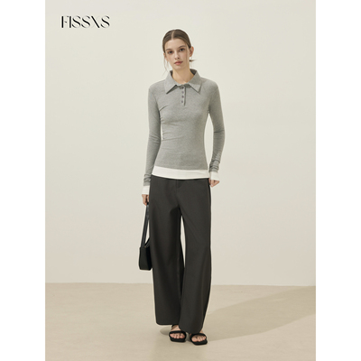 FISSXS 秋季新款假两件翻领POLO衫百搭显瘦简约上衣长袖女打底