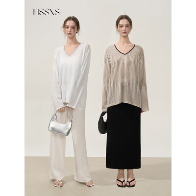 FISSXS 夏季新款V领条纹轻薄罩衫长袖休闲简约宽松薄款上衣女