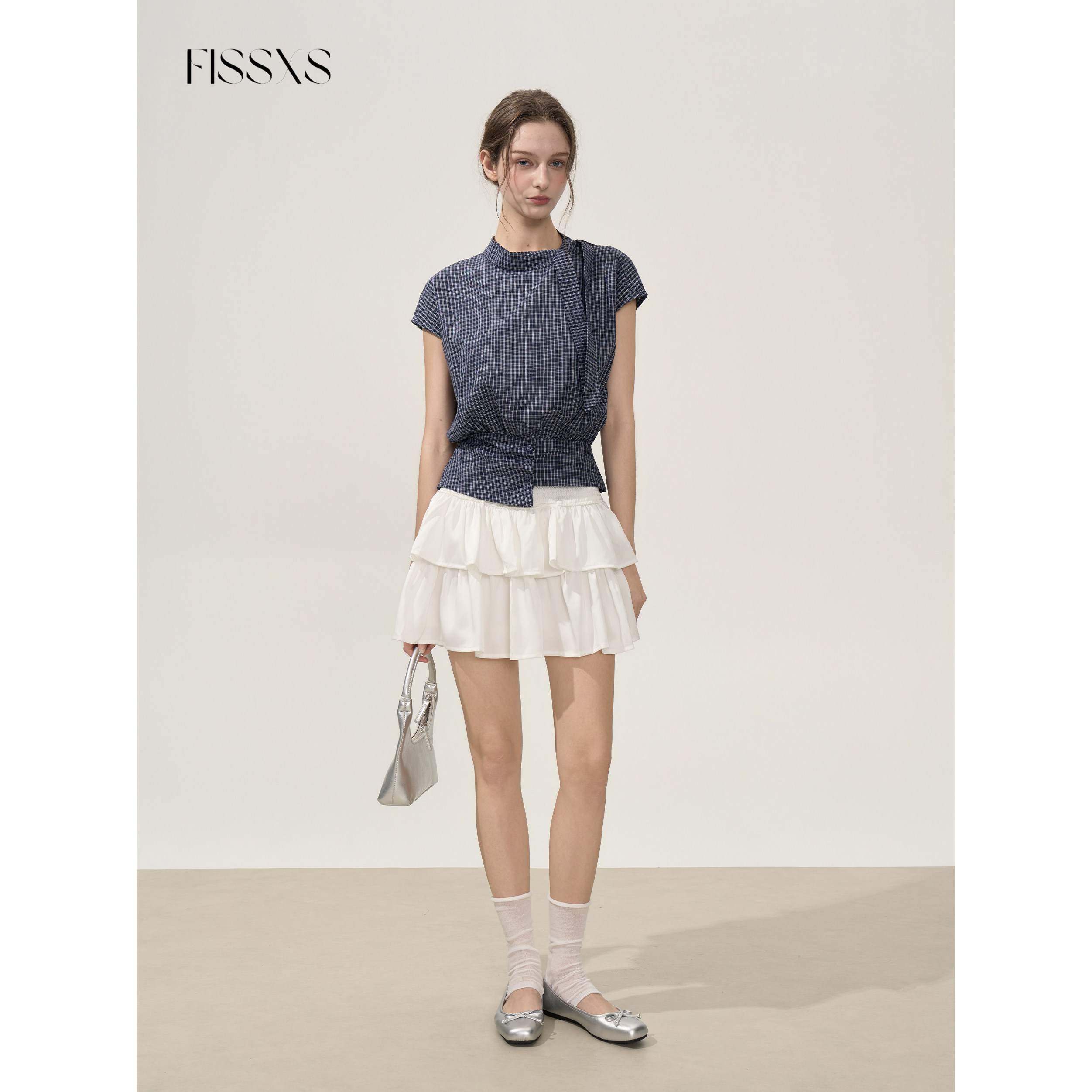 FISSXS 夏季新款不规则格子小飞袖围领系带收腰上衣短袖小衫女