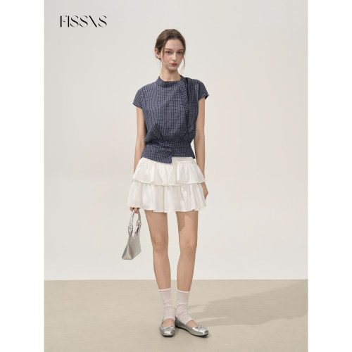 FISSXS 夏季新款不规则格子小飞袖围领系带收腰上衣短袖小衫女