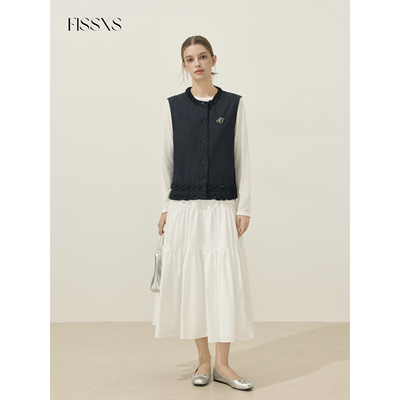 FISSXS复古圆领花边牛仔简约百搭马甲法式秋季外套上衣开衫女
