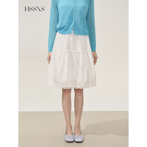 FISSXS 夏季A字显瘦百搭蕾丝花边设百搭白色松紧腰中长款半身裙女