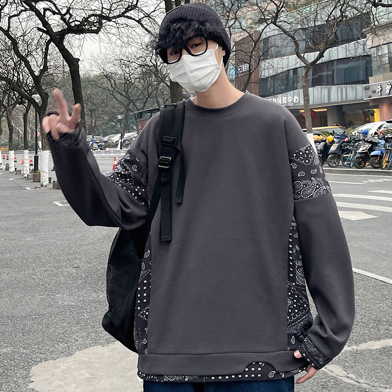 秋季拼接刺绣卫衣 大码男港风休闲百搭打底衫Y6727P32图片