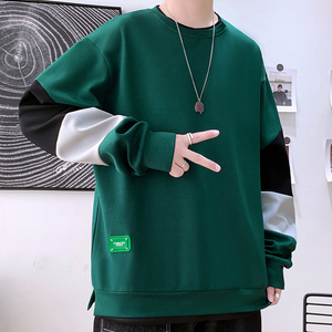 港风青少年拼接贴标宽松假两件开叉卫衣Y6696P35图片