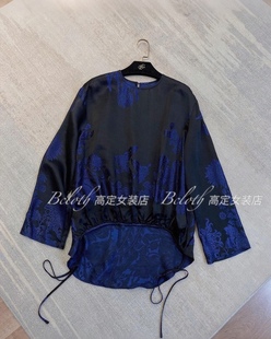 宽松衬衣 新中式 国风 谁穿谁好看 小众简约蓝色提花上衣女圆领长袖