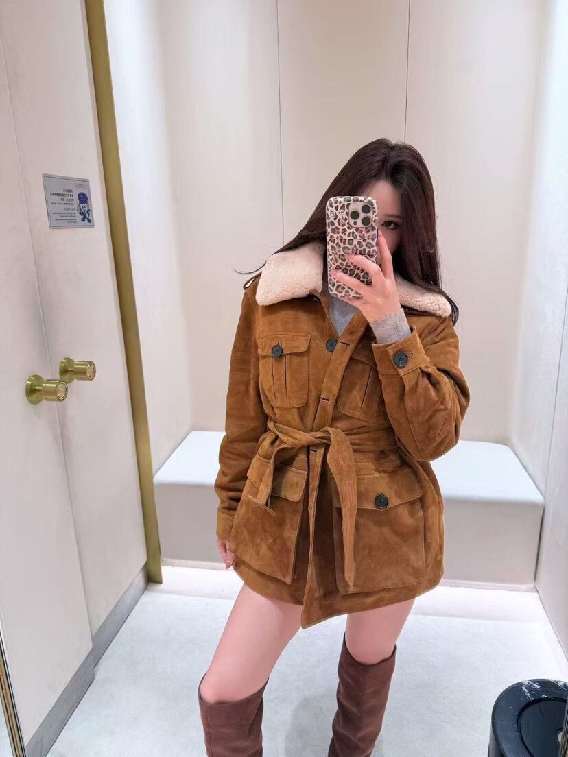 进口山羊皮反绒面真皮皮衣羽绒外套女羊羔毛领复古腰带猎装鹅绒服