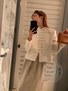 2025春秋新款 饰彩色外套女 暗纹提花真丝混纺新中式 小立领盘扣装