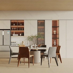 意式轻奢大理石台面餐桌样板间酒店包厢圆形饭桌椅现代风实木餐桌