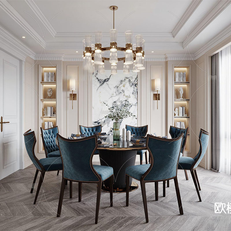 美式复古风实木圆桌艺术饰面餐桌椅组合样板间酒店轻奢风岩板餐桌