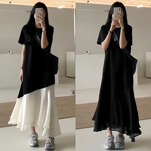 夏季新款气质拼接鱼尾t恤连衣裙女短袖法式休闲大码宽松显瘦长裙