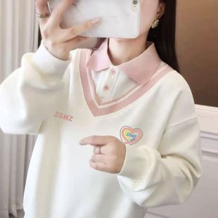 胖mm大码设计感polo领假两件卫衣女秋冬季加绒加厚300斤外套上衣