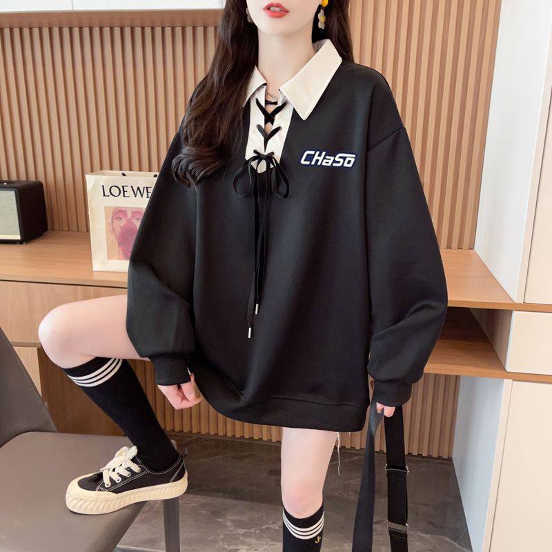 胖MM300斤polo领上衣女长袖加绒大码卫衣设计感小众翻领宽松外套